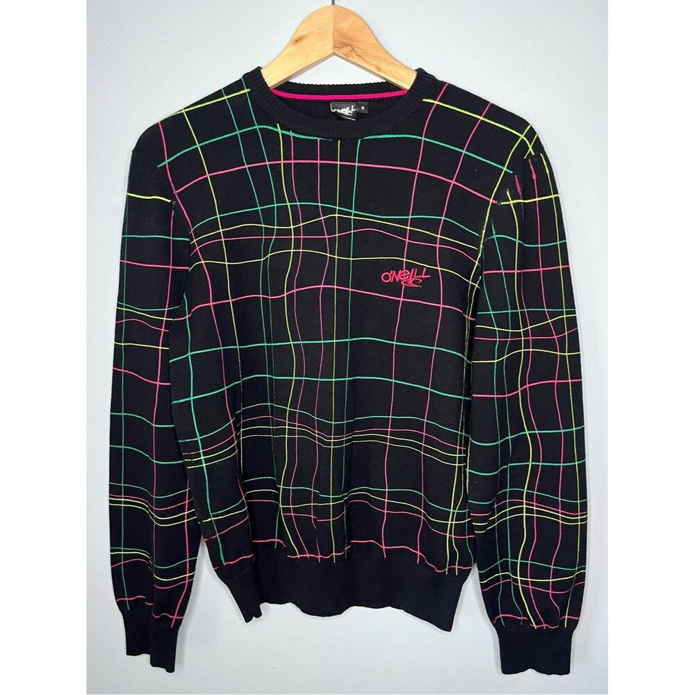 O’Neill Vintage 1990s Neon Dayglo Surf Skate Wavy Grid Unisex Sweater Size Small